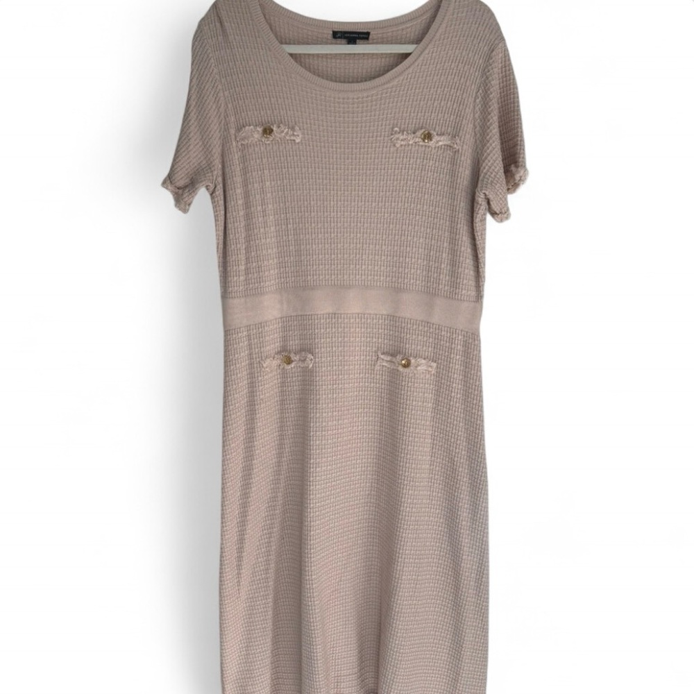 Adrianna Papel Textured Short Sleeve Knit Dress with Frayed Detail in Taupe